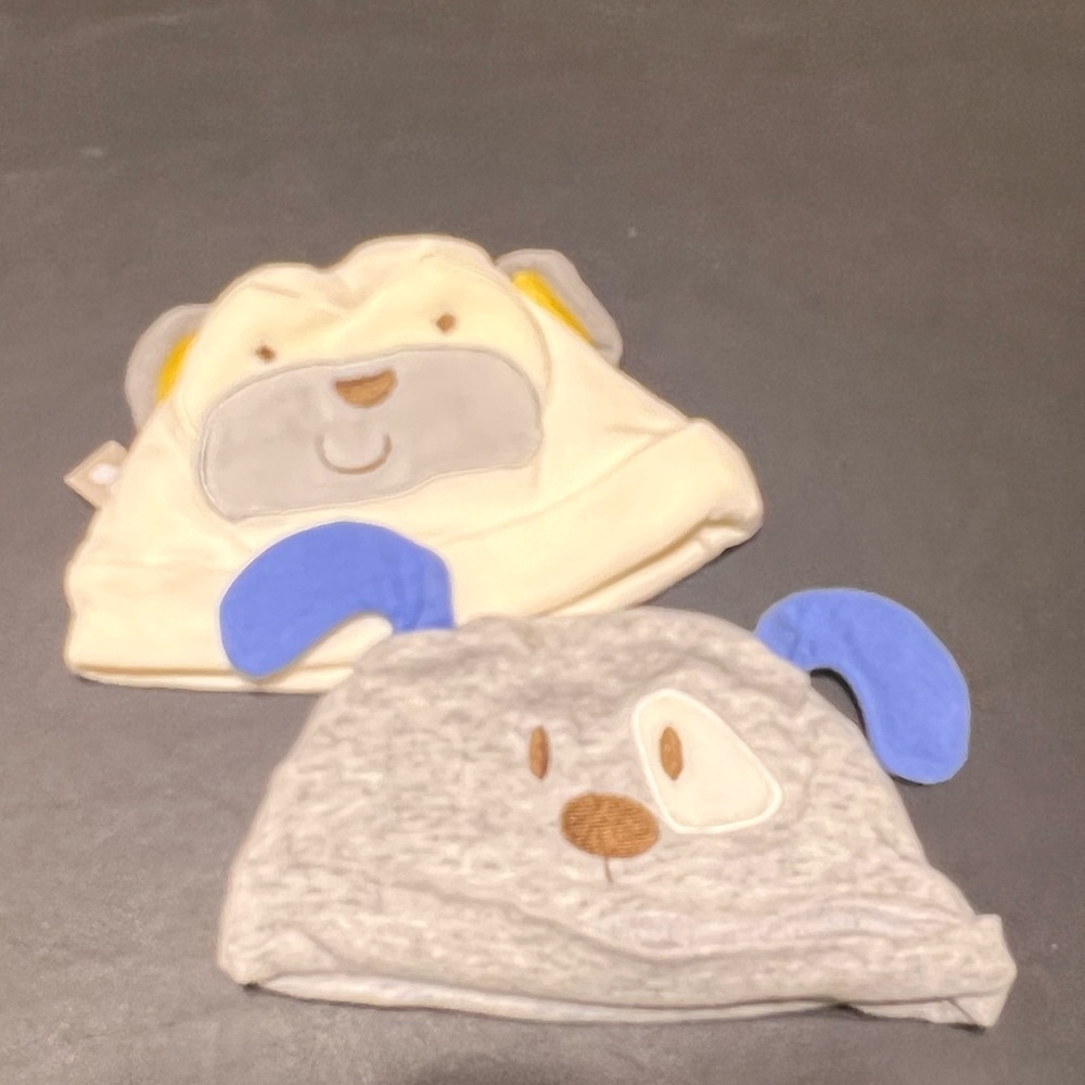 NWOT Just Born Set of Knit “Puppy” Hats - Cream and Gray Unisex 6-9M